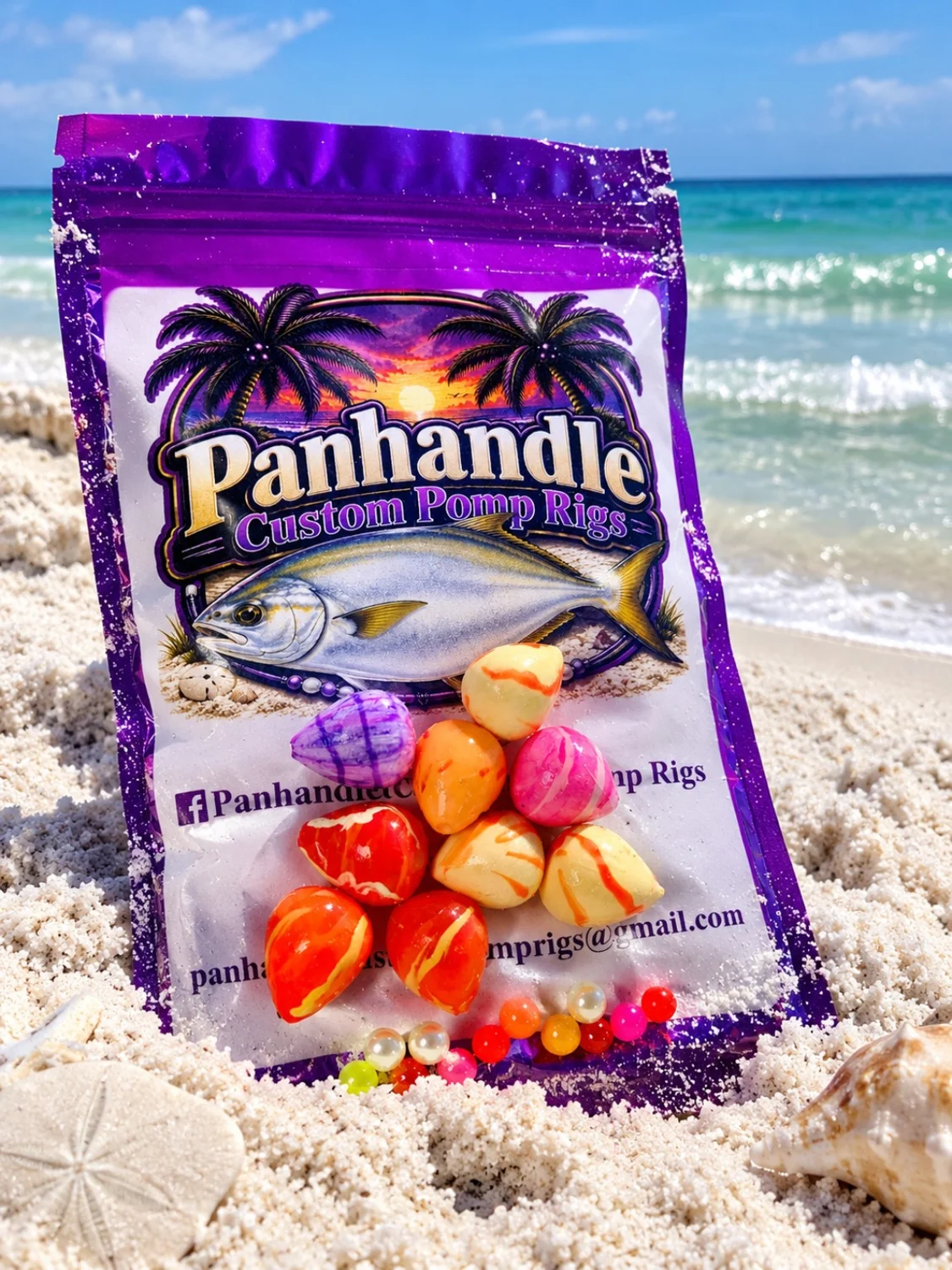 Rich’s colorful hand-painted floats in Panhandle Custom Pomp Rigs packaging beside the surf